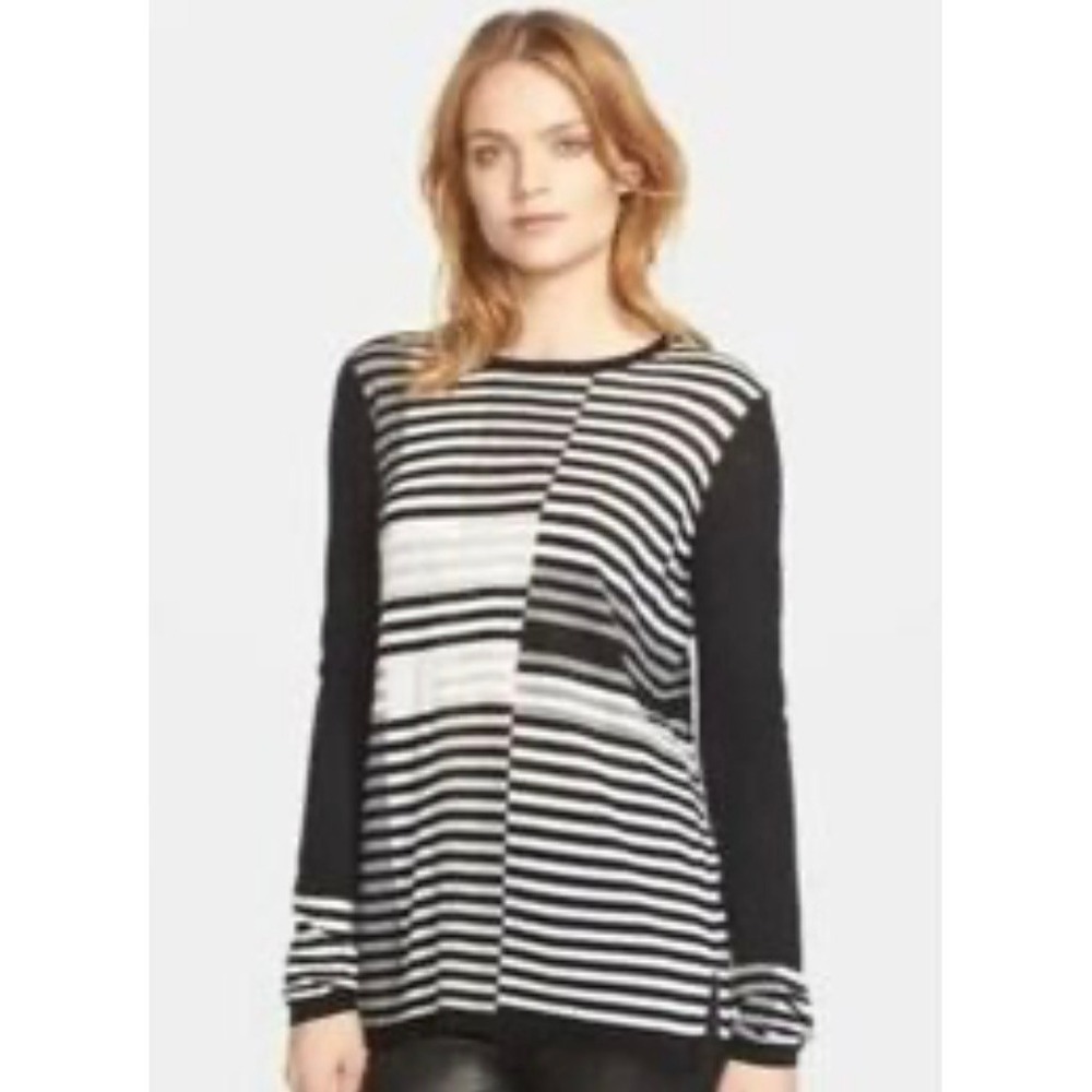 Vince  Intarsia Tunic Sweater Women Small Black Striped Merino Wool  Knit